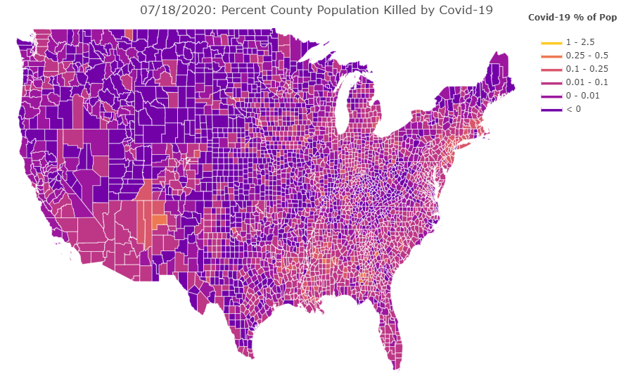 A color coded map of the continental U.S. showing percent county population infected with Covid-19